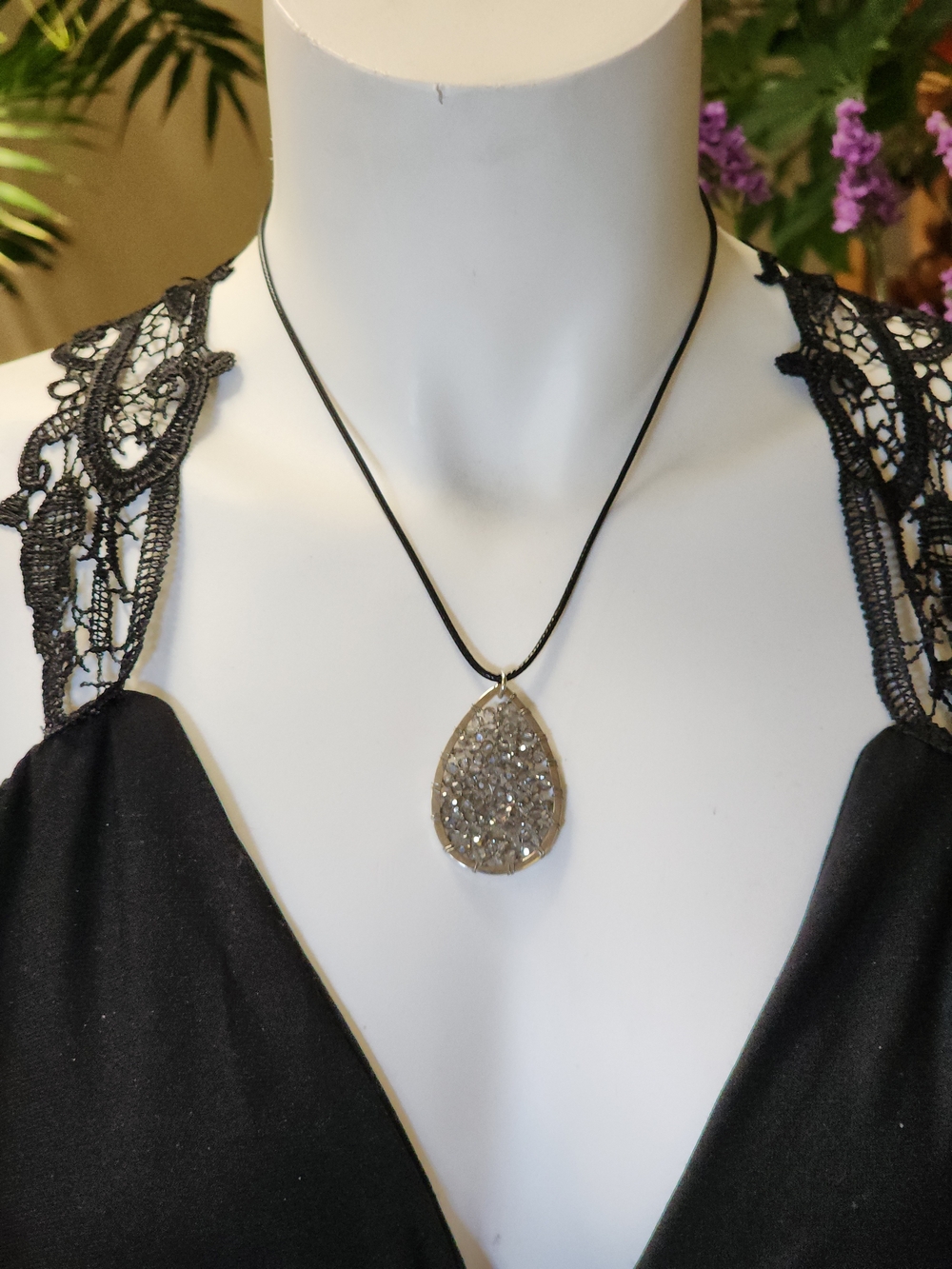 Cord Necklace With Silver Toned Teardrop Pendant With Wire Wrapped Crystal Beads